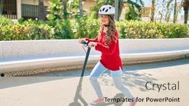  Presentation with electric scooter - Amazing PPT theme having young-blonde-girl-smiling-happy backdrop and a lemonade colored foreground