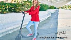  Presentation with electric scooter - Slide set consisting of young-blonde-girl-smiling-happy background and a light blue colored foreground