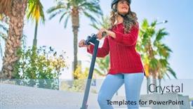  Presentation with electric scooter - Slides having young-blonde-girl-smiling-happy background and a light blue colored foreground