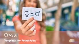  Presentation with gender equality - Presentation design having young-blonde-girl-smiling-happy background and a coral colored foreground