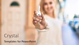  Presentation with house key - PPT layouts having young-blonde-girl-smiling-happy background and a lemonade colored foreground