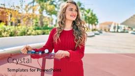  Presentation with electric scooter - Slide deck with young-blonde-girl-smiling-happy background and a red colored foreground
