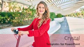  Presentation with electric scooter - Colorful PPT theme enhanced with young-blonde-girl-smiling-happy backdrop and a red colored foreground