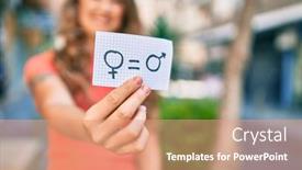  Presentation with gender equality - Cool new PPT layouts with young-blonde-girl-smiling-happy backdrop and a coral colored foreground