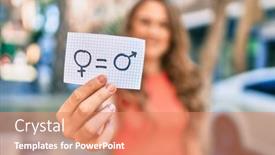  Presentation with gender equality - PPT layouts having young-blonde-girl-smiling-happy background and a coral colored foreground