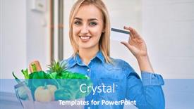  Presentation with paper bag - Amazing presentation theme having young-blonde-girl-smiling-happy backdrop and a teal colored foreground