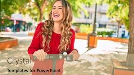  Presentation with electric scooter - Cool new slides with young-blonde-girl-smiling-happy backdrop and a soft green colored foreground