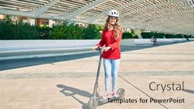 Presentation with electric scooter - Presentation theme having young-blonde-girl-smiling-happy background and a lemonade colored foreground