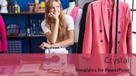  Presentation with sewing - Presentation theme featuring young-blonde-girl-tailor-smiling background and a red colored foreground