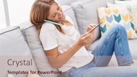  Presentation with manicure - Presentation theme enhanced with young-blonde-girl-talking background and a coral colored foreground