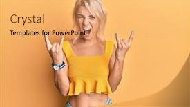  Presentation with rock music - PPT theme enhanced with young-blonde-girl-wearing-casual background and a yellow colored foreground