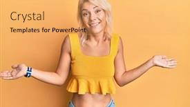 Presentation with comparison - Cool new theme with young-blonde-girl-wearing-casual backdrop and a yellow colored foreground