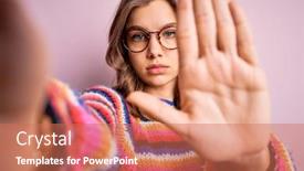  Presentation with glasses - Audience pleasing PPT layouts consisting of young-blonde-girl-wearing-glasses backdrop and a coral colored foreground