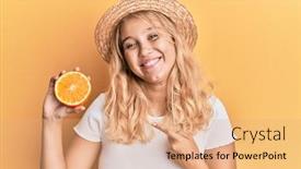  Presentation with orange slice - Colorful theme enhanced with young-blonde-girl-wearing-summer backdrop and a coral colored foreground
