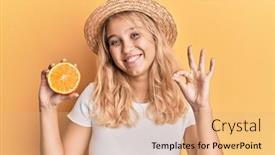  Presentation with orange slice - PPT theme enhanced with young-blonde-girl-wearing-summer background and a coral colored foreground