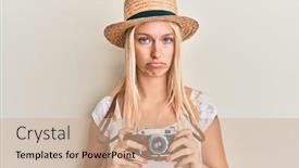  Presentation with sad girl - Presentation design with young-blonde-girl-wearing-summer background and a coral colored foreground