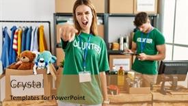  Presentation with volunteer - Presentation theme featuring young-blonde-girl-wearing-volunteer background and a coral colored foreground