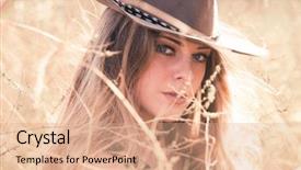  Presentation with cowboy hat - PPT theme consisting of young blonde girl with cowboy hat outdoor in grass summer day closeup background and a coral colored foreground