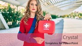  Presentation with first aid kit - Amazing PPT theme having young-blonde-girl-with-serious backdrop and a red colored foreground