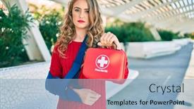  Presentation with first aid - Beautiful PPT layouts featuring young-blonde-girl-with-serious backdrop and a light blue colored foreground