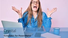  Presentation with winner cup - PPT theme featuring young-blonde-girl-working background and a teal colored foreground