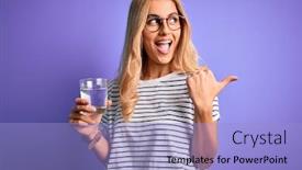  Presentation with water glass - Amazing PPT theme having young-blonde-healthy-woman-wearing backdrop and a light blue colored foreground