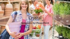  Presentation with retail store - Presentation theme with young blonde holding flower pot at garden centre retail store background and a coral colored foreground