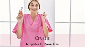  Presentation with nurse - PPT theme featuring young-blonde-nurse-woman-holding background and a coral colored foreground