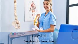  Presentation with orthopedic knee - PPT theme with young-blonde-orthopedic-woman-holding background and a light blue colored foreground