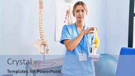  Presentation with orthopedic knee - Presentation with young-blonde-orthopedic-woman-holding background and a light blue colored foreground