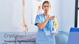  Presentation with orthopedic knee - PPT theme with young-blonde-orthopedic-woman-holding background and a light blue colored foreground