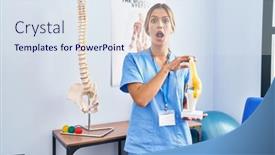  Presentation with orthopedic knee - Presentation design consisting of young-blonde-orthopedic-woman-holding background and a sky blue colored foreground