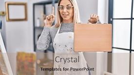  Presentation with case - Slide deck featuring young-blonde-painter-woman-holding background and a coral colored foreground