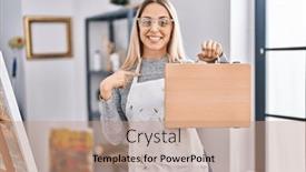  Presentation with case - PPT theme with young-blonde-painter-woman-holding background and a coral colored foreground