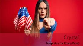  Presentation with patriotic usa - PPT theme with young-blonde-patriotic-woman-holding background and a crimson colored foreground