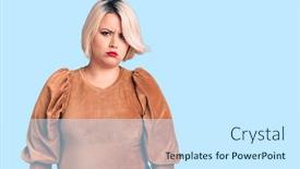  Presentation with woman crying - Slide deck with young-blonde-plus-size-woman background and a cool aqua colored foreground