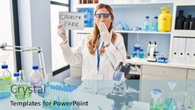  Presentation with cruelty - Slides having young-blonde-scientist-woman-working background and a light blue colored foreground