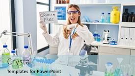  Presentation with scientist - Presentation theme featuring young-blonde-scientist-woman-working background and a light blue colored foreground