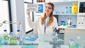 Presentation with cruelty - PPT theme with young-blonde-scientist-woman-working background and a light blue colored foreground