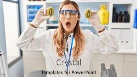  Presentation with laboratory food - Presentation with young-blonde-scientist-woman-working background and a soft green colored foreground