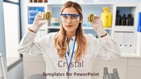  Presentation with food problem - Slide set having young-blonde-scientist-woman-working background and a  colored foreground