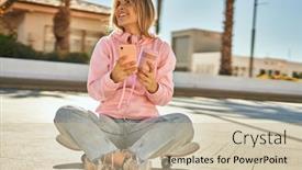  Presentation with smartphone - Cool new slide deck with young-blonde-skater-girl-using backdrop and a soft green colored foreground