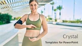  Presentation with sportswear - Presentation theme featuring young-blonde-sportswoman-wearing-sportswear background and a soft green colored foreground