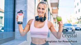  Presentation with green city - Amazing slide deck having young-blonde-sporty-girl-drinking backdrop and a light blue colored foreground