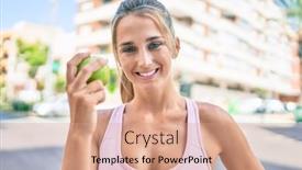  Presentation with green city - Presentation design consisting of young-blonde-sporty-girl-smiling background and a coral colored foreground