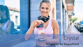  Presentation with city street - Amazing presentation design having young-blonde-sporty-girl-wearing backdrop and a teal colored foreground