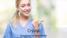  Presentation with doctor helps to get out of bed an elderly woman - Cool new slide deck with young blonde surgeon doctor woman backdrop and a light blue colored foreground