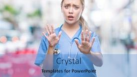  Presentation with panic - Audience pleasing slides consisting of young blonde surgeon doctor woman over isolated background afraid and terrified with fear expression stop gesture with hands shouting in shock panic concept backdrop and a light blue colored foreground