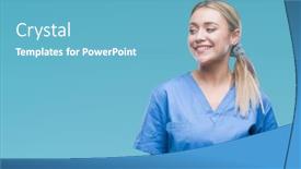  Presentation with ideas opthalmic surgeon - Presentation theme with young blonde surgeon doctor woman wearing medical uniform over isolated background looking away to side with smile on face natural expression laughing confident background and a teal colored foreground