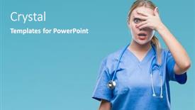  Presentation with hand surgeon - Presentation theme featuring young blonde surgeon doctor woman over isolated background peeking in shock covering face and eyes with hand looking through fingers with embarrassed expression background and a light blue colored foreground